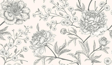 Black and white botanical sketch design file showing detailed peony and cherry blossom pattern