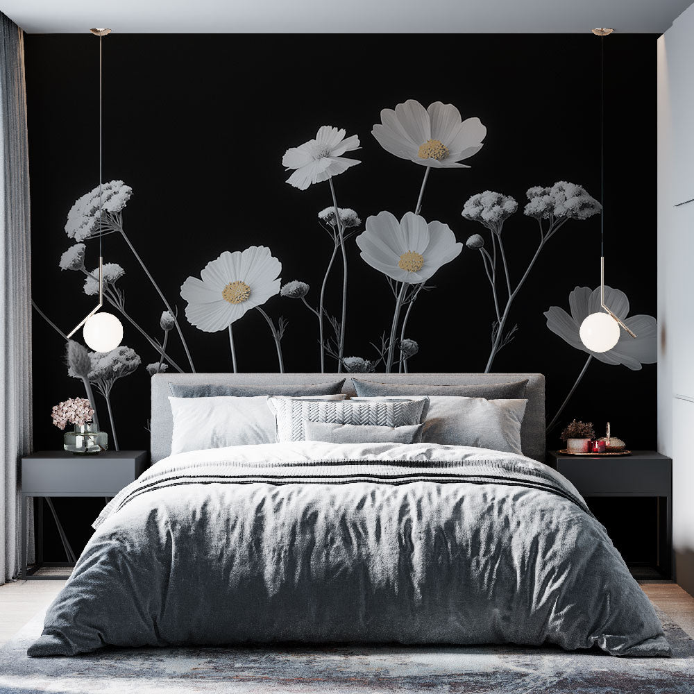 Black and white floral wallpaper with cosmos flowers adding elegance to a modern living room with clean lines