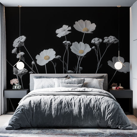 Black and white floral wallpaper with cosmos flowers adding elegance to a modern living room with clean lines