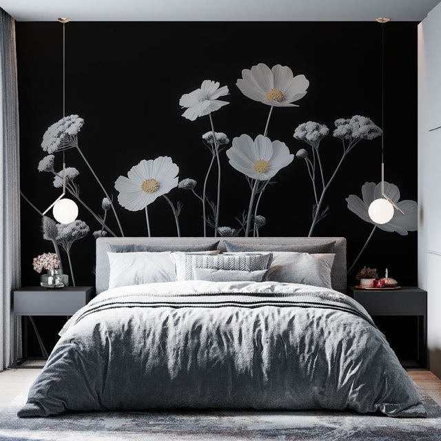Black and white floral wallpaper with cosmos flowers adding elegance to a modern living room with clean lines