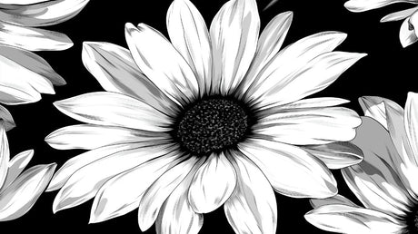 Black and white daisy wallpaper design file showing intricate monochrome floral pattern