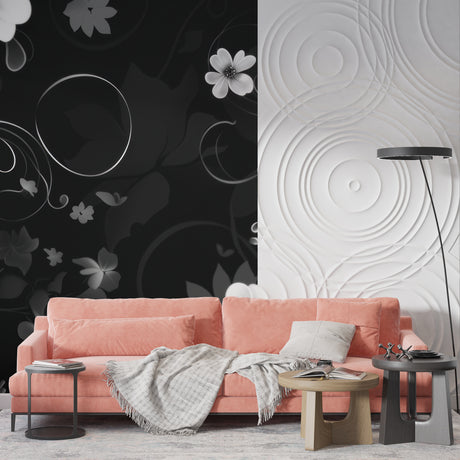 Black and white floral wallpaper in a modern living room creating an elegant atmosphere