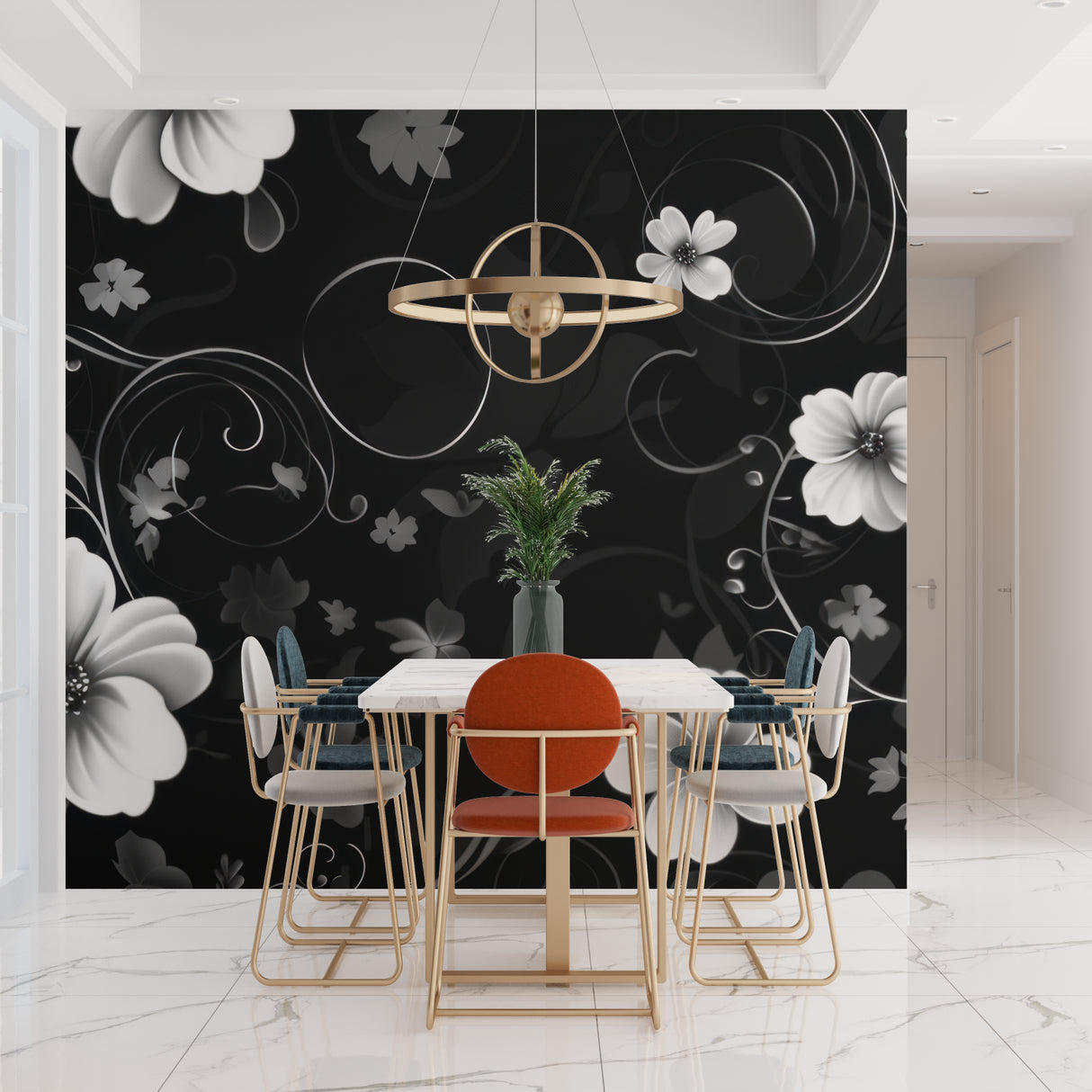 Monochrome floral wall mural making a bold statement in master bedroom