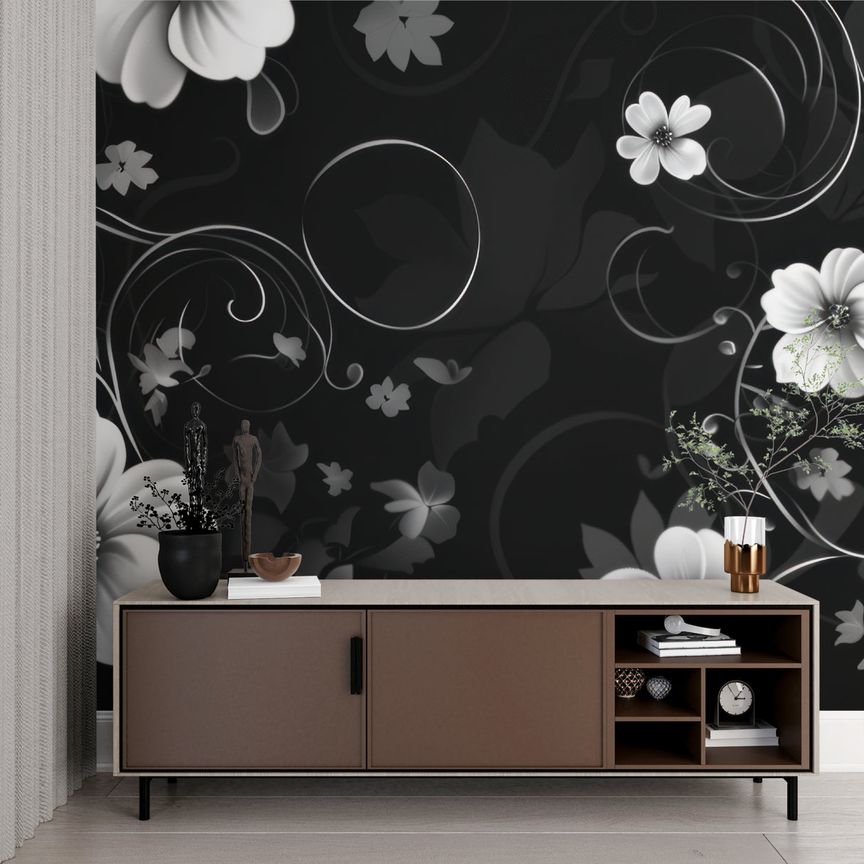 Black and white flower wallpaper transforming a dining room with sophisticated style