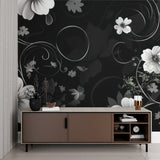 Black and white flower wallpaper transforming a dining room with sophisticated style