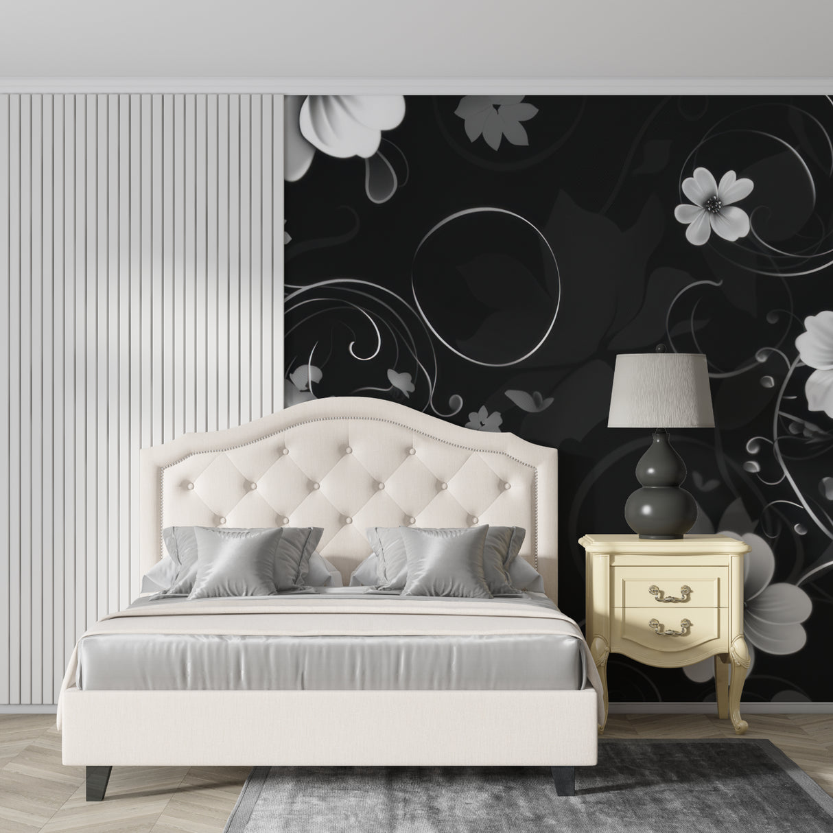 Elegant floral wallpaper bringing drama to a home office space