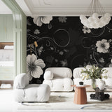 Black floral mural adding depth to an entryway with striking contrast
