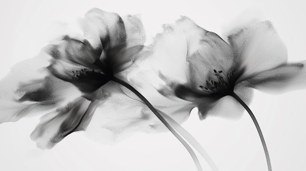 Black and white floral wallpaper creating dramatic impact in a modern living room with minimalist furniture