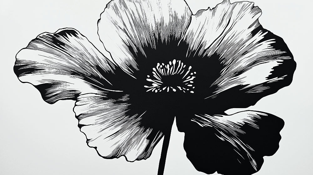 Large scale black and white flower design file showing intricate petal details and graphic pattern