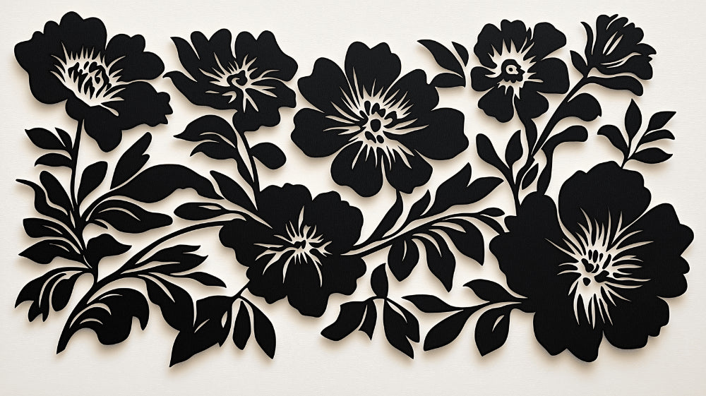 Black and white graphic floral pattern design file showing detailed botanical elements