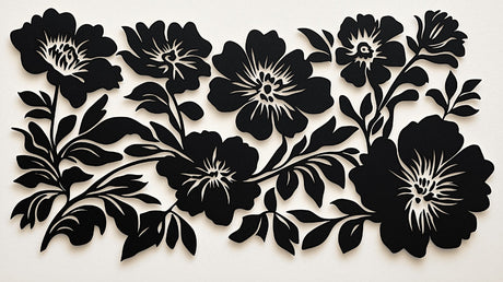 Black and white graphic floral pattern design file showing detailed botanical elements