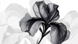 Black and white iris floral wallpaper in modern living room setting, creating dramatic contrast against neutral furniture