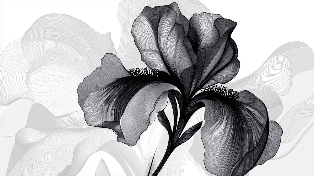 Black and white iris floral wallpaper in modern living room setting, creating dramatic contrast against neutral furniture