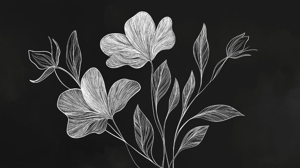 Black and white floral line art mural wallpaper creating dramatic contrast in a modern living room setting