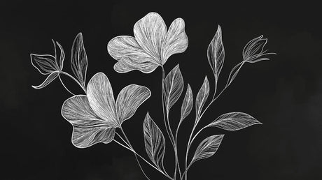 Black and white floral line art mural wallpaper creating dramatic contrast in a modern living room setting