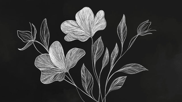 Black and white floral line art mural wallpaper creating dramatic contrast in a modern living room setting