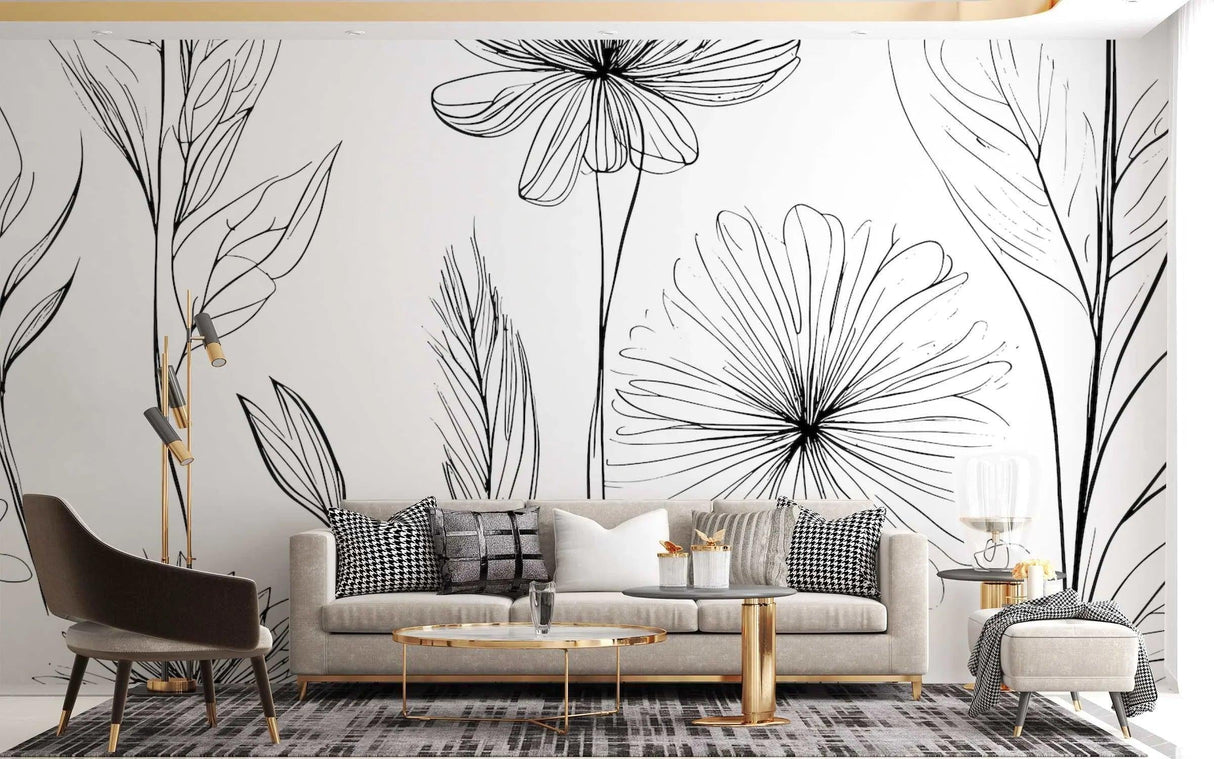 Botanical line art mural wallpaper showcased in a bright home office with clean white desk setup