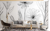 Botanical line art mural wallpaper showcased in a bright home office with clean white desk setup