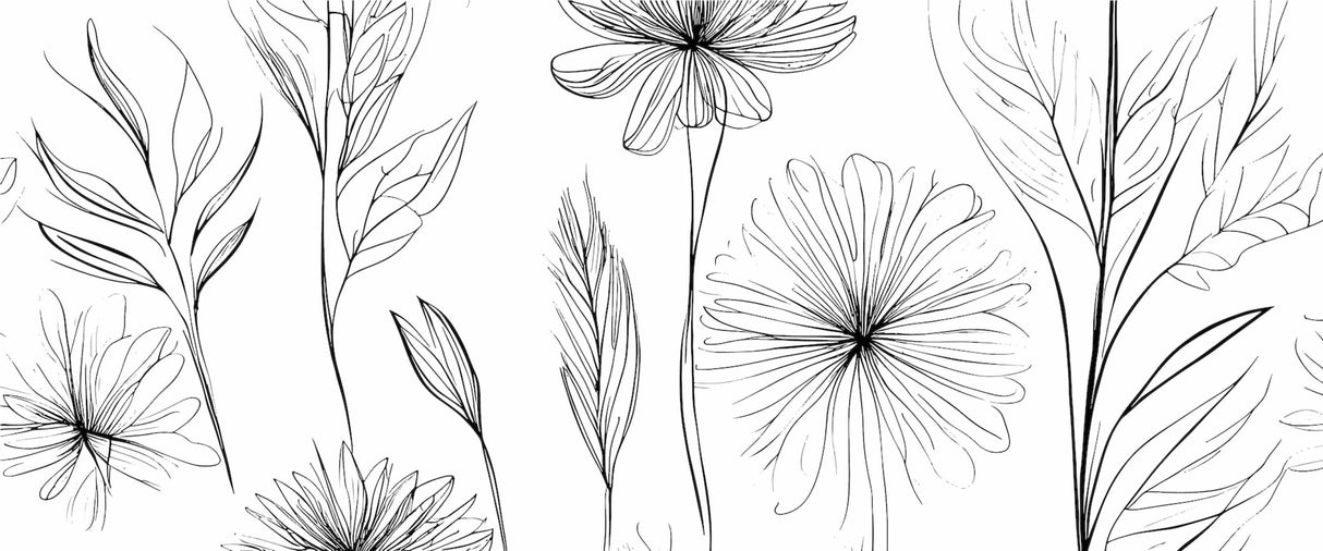 Black and white floral wallpaper design file showing detailed botanical line art pattern