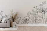 Elegant floral line art wall mural bringing artistic flair to a contemporary bedroom setting