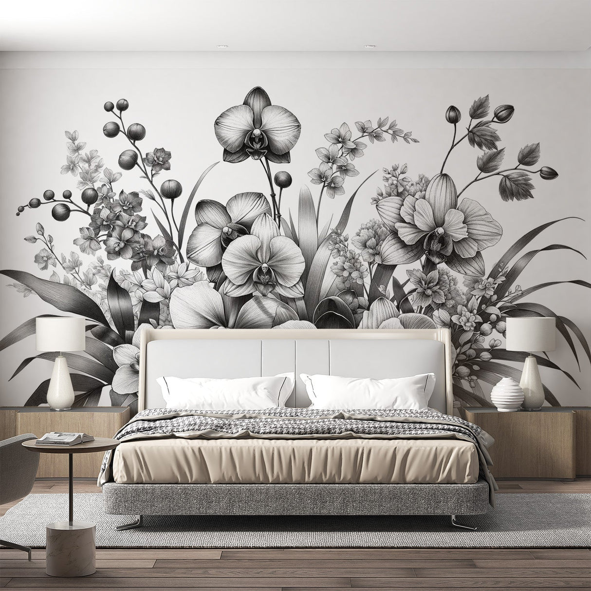 Black and white orchid wallpaper mural creating an elegant statement wall in a modern dining room with minimalist furniture