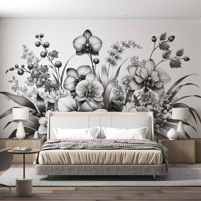 Black and white orchid wallpaper mural creating an elegant statement wall in a modern dining room with minimalist furniture