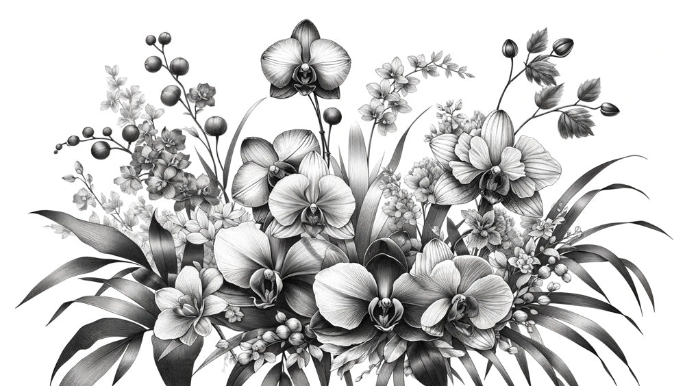 Black and white orchid design file showing detailed botanical pattern with intricate flower details