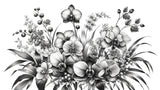 Black and white orchid design file showing detailed botanical pattern with intricate flower details
