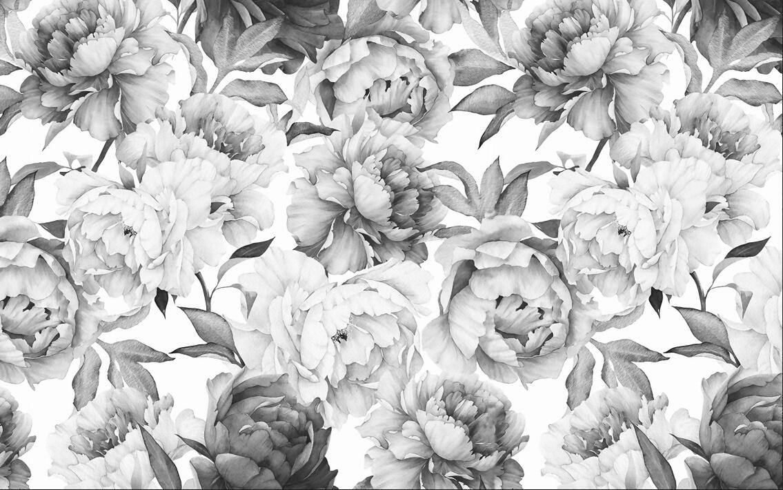 Black and white peony design file showing large-scale botanical pattern