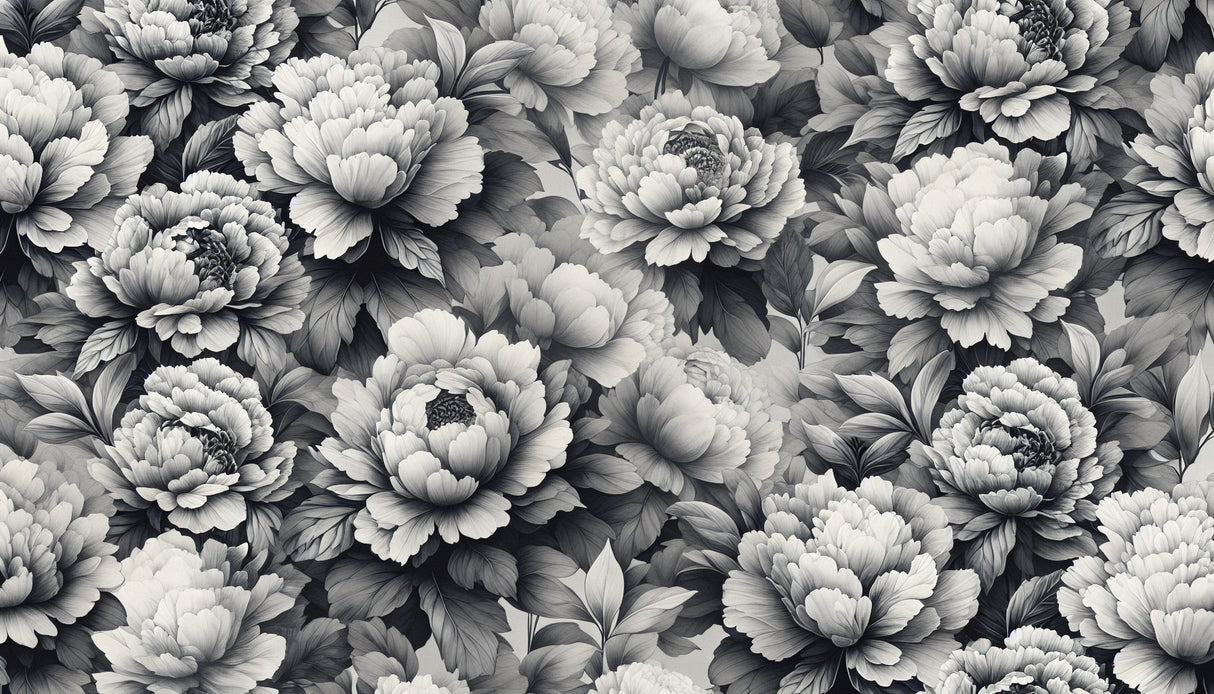 Black and white peony wallpaper design file showing intricate floral pattern detail