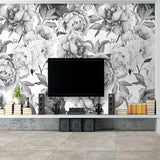 Large-scale peony pattern in home office space highlighting the wallpaper's versatile design
