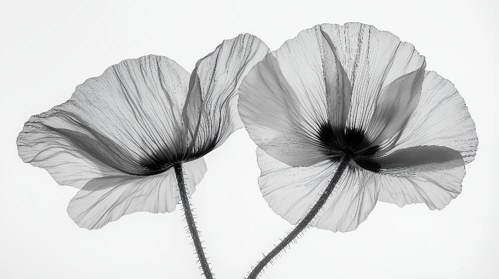 Black and white poppy X-ray wallpaper design file showing intricate floral details and patterns