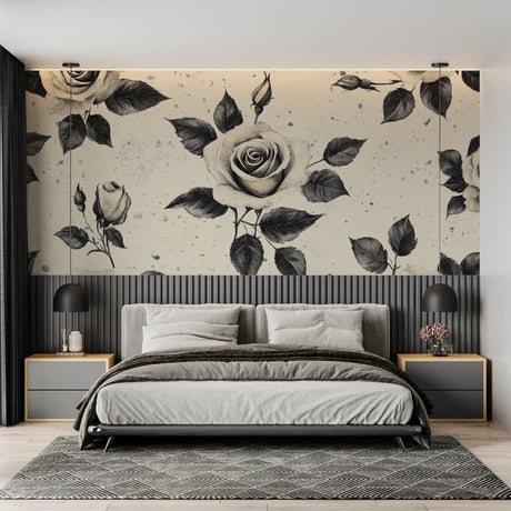 Black and white rose wallpaper in modern living room creating elegant atmosphere