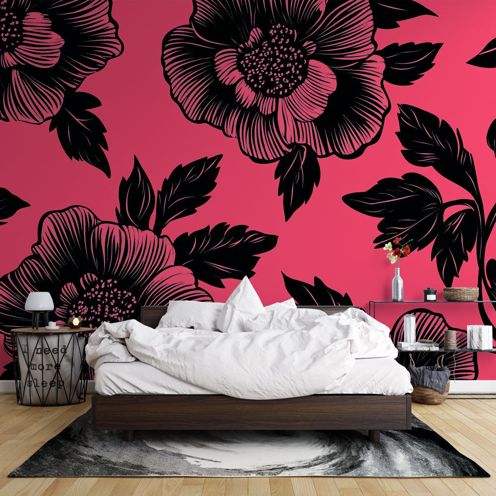 Black Floral Wallpaper showcased in a modern dining room with pink accent chairs and minimal decor
