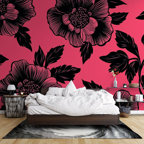Black Floral Wallpaper showcased in a modern dining room with pink accent chairs and minimal decor