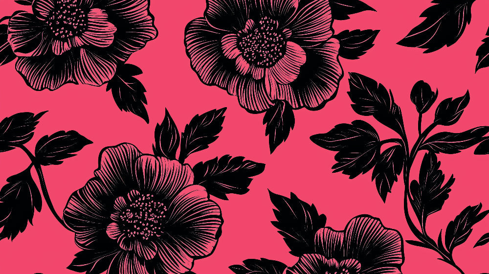 Black Blooms on Pink Background design file showing full floral pattern detail
