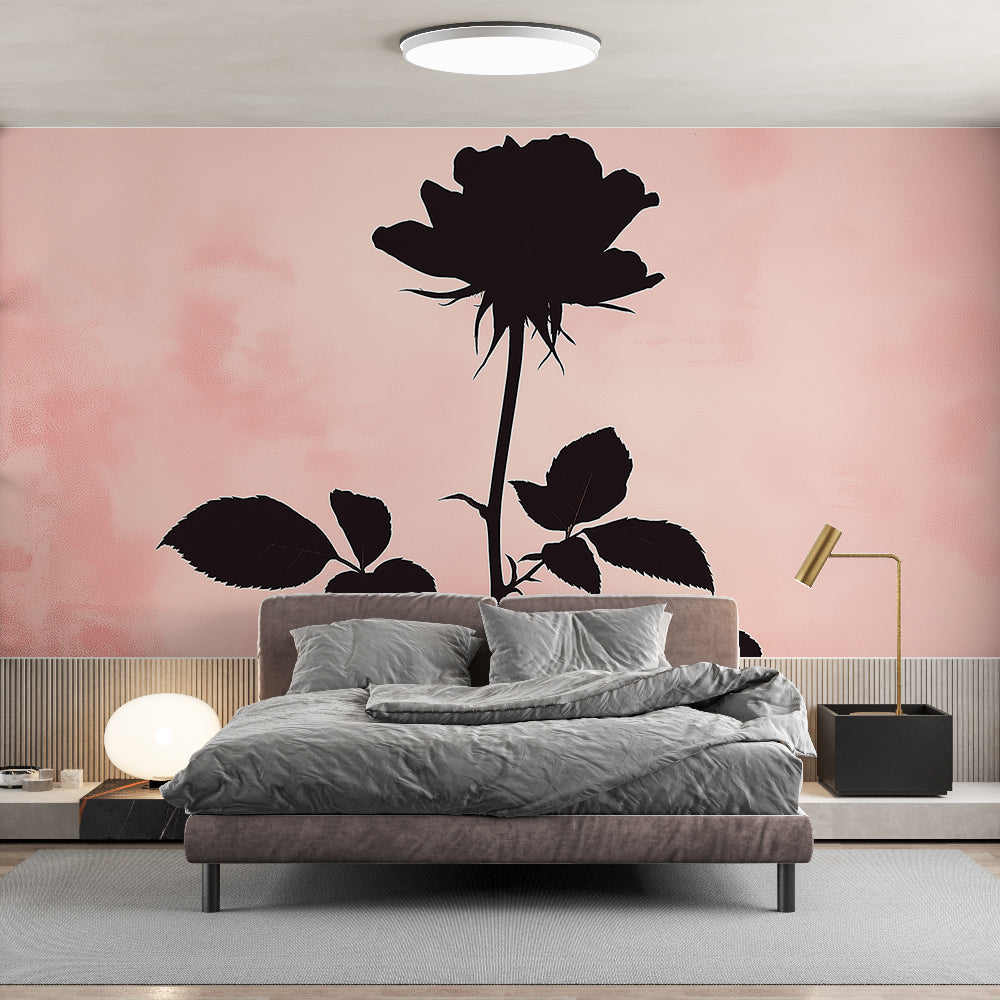 Black Rose Silhouette Wallpaper creating a stunning accent wall in a modern bedroom with pink and gray decor