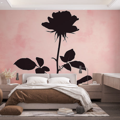 Black Rose Silhouette Wallpaper creating a dramatic focal point in a modern bedroom with pink accents and mood lighting