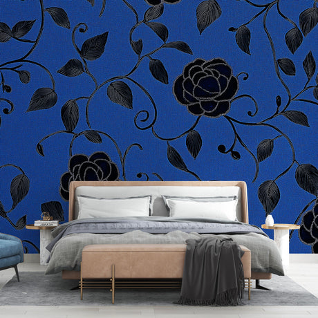 Black and royal blue rose wallpaper mural in a modern dining room creating an elegant atmosphere with dramatic lighting