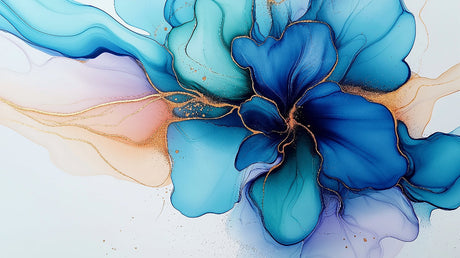 Abstract blue floral wallpaper with gold accents design file showing intricate petal pattern and details