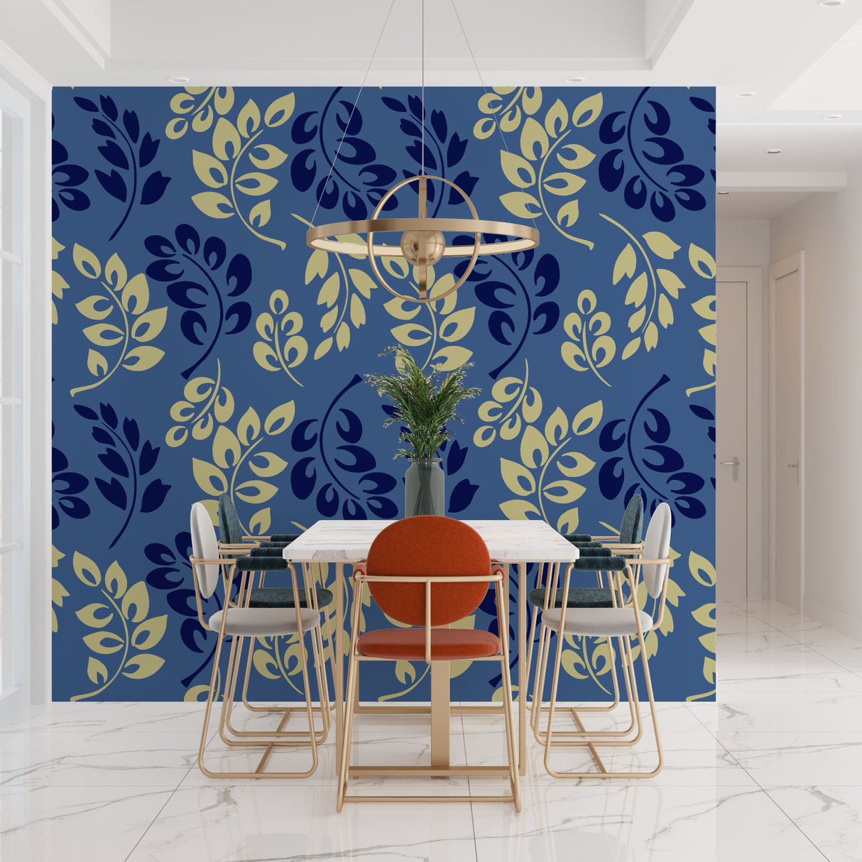 Botanical wallpaper featuring blue and gold leaves in master bedroom setting