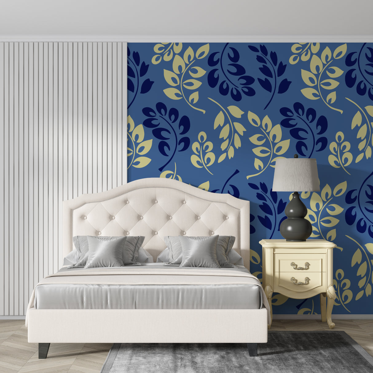 Gold leaf pattern mural wallpaper in dining room with chandelier