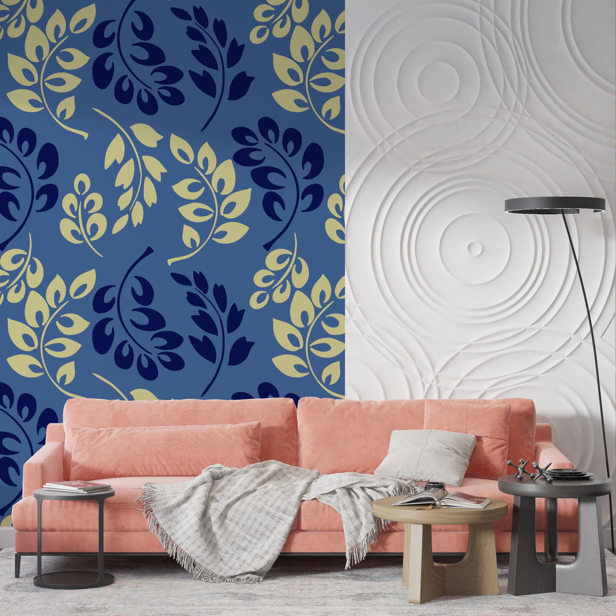 Floral wall mural in hallway showing deep blue and metallic gold details