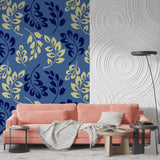 Floral wall mural in hallway showing deep blue and metallic gold details