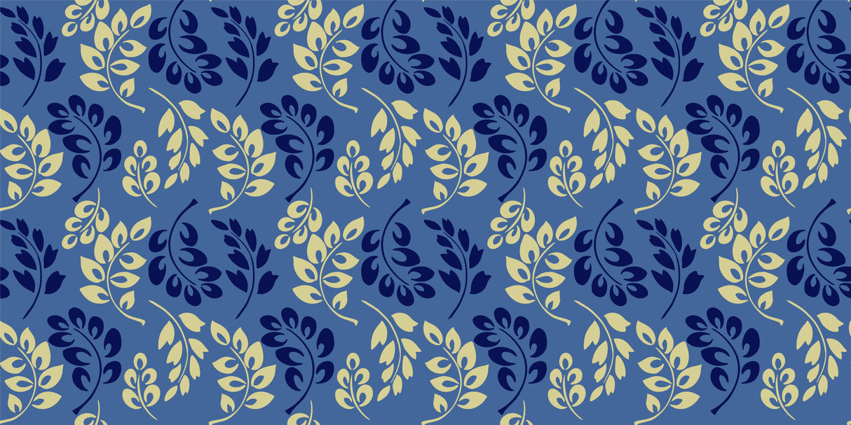 Design file of botanical wallpaper pattern showing intricate blue and gold leaf details