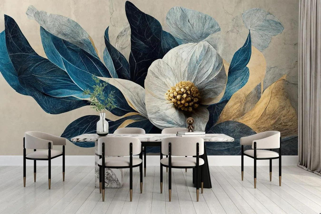 Modern blue and gold Magnolia wallpaper creating an elegant statement wall in a bright living room with contemporary furniture