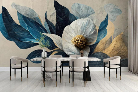 Modern blue and gold Magnolia wallpaper creating an elegant statement wall in a bright living room with contemporary furniture