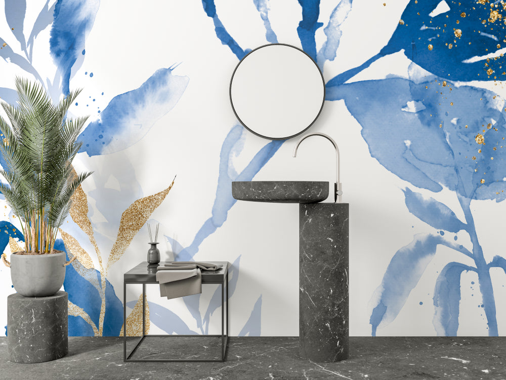Home office space with calming blue and gold botanical wallpaper