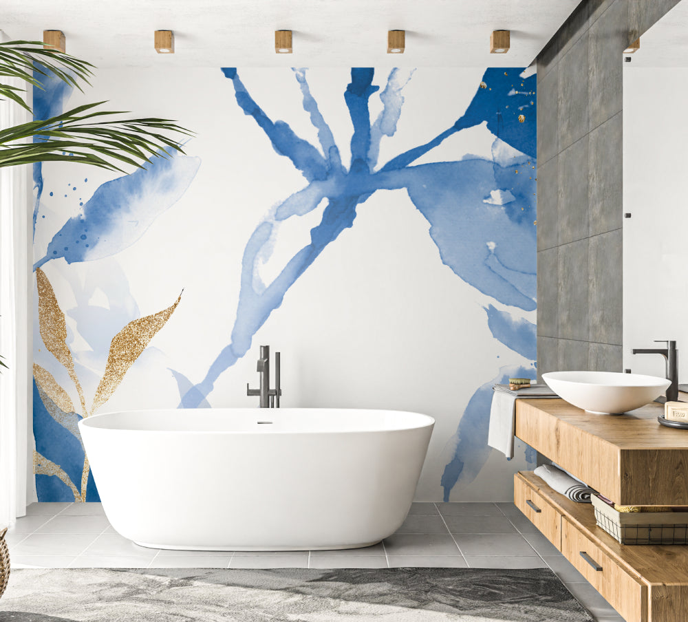 Powder room transformed with artistic blue floral wall covering