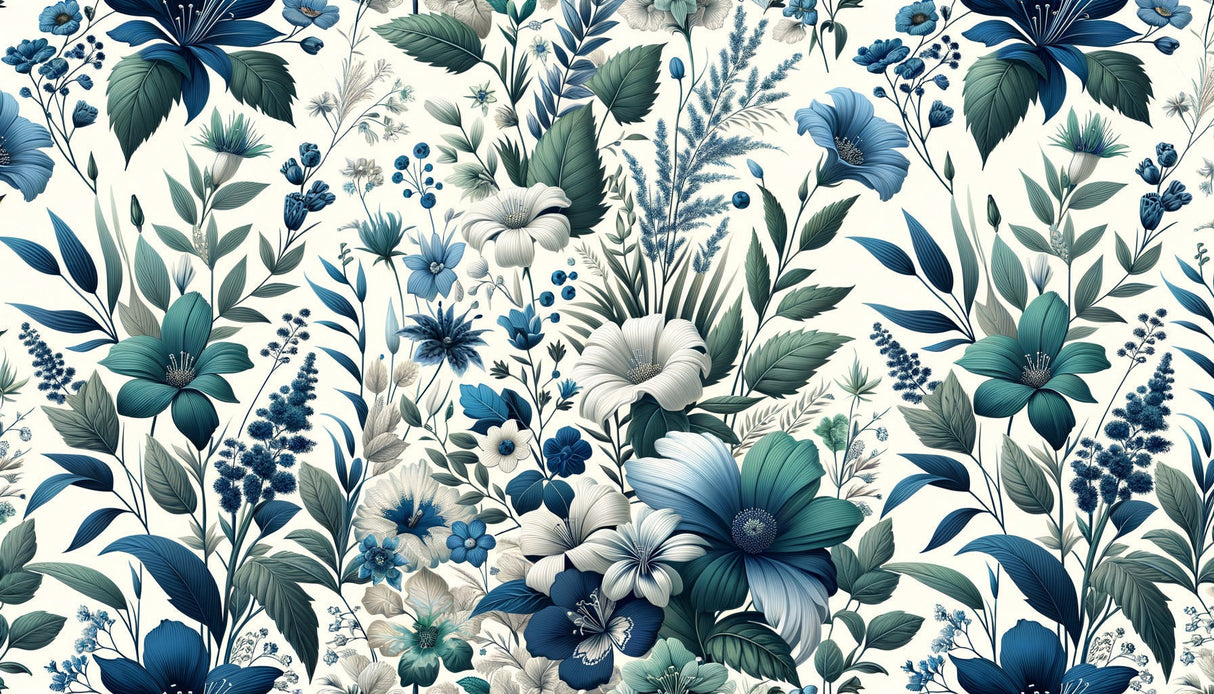 Botanical wallpaper with navy blooms in a bright master bedroom setting